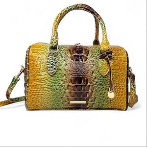 Brown and Green Faux Croc Boston Bag